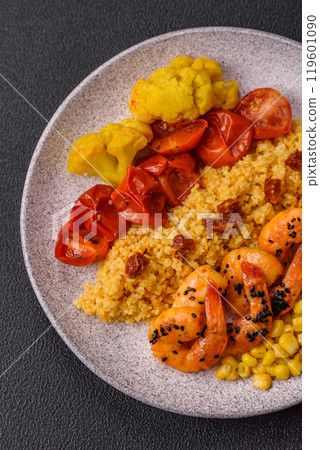Boiled tiger shrimps with porridge, tomatoes and corn Boiled tiger shrimps with porridge, tomatoes and corn 119601090