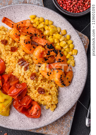 Boiled tiger shrimps with porridge, tomatoes and corn Boiled tiger shrimps with porridge, tomatoes and corn 119601093