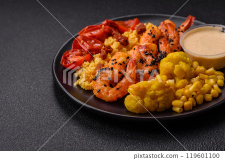 Boiled tiger shrimps with porridge, tomatoes and corn Boiled tiger shrimps with porridge, tomatoes and corn 119601100