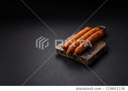 Juicy fried beef or pork sausages with salt, spices and herbs 119601136