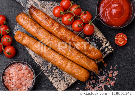 Juicy fried beef or pork sausages with salt, spices and herbs Juicy fried beef or pork sausages with salt, spices and herbs 119601142