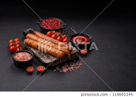 Juicy fried beef or pork sausages with salt, spices and herbs Juicy fried beef or pork sausages with salt, spices and herbs 119601144
