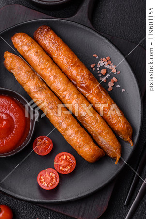 Juicy fried beef or pork sausages with salt, spices and herbs Juicy fried beef or pork sausages with salt, spices and herbs 119601155