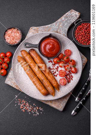 Juicy fried beef or pork sausages with salt, spices and herbs Juicy fried beef or pork sausages with salt, spices and herbs 119601169