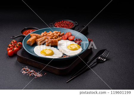Full English breakfast with boiled eggs, beans, sausages, tomatoes Full English breakfast with boiled eggs, beans, sausages, tomatoes 119601199