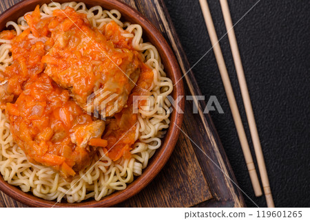 Rice noodles with fish and sauce, salt and spices 119601265
