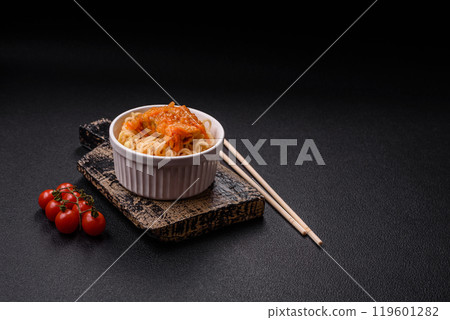 Rice noodles with fish and sauce, salt and spices Rice noodles with fish and sauce, salt and spices 119601282