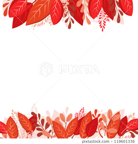 Vector isolated square frame of red dry autumn leaves. Border for text. Flat clipart for design Vector isolated square frame of red dry autumn leaves. Border for text. Flat clipart for design 119601336