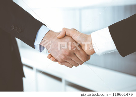 Businessman and woman shaking hands in office. Concept of handshake as success symbol in business 119601479
