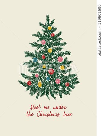 Vector poster of Christmas tree and toys. Hand-drawn vintage poster with handwritten short phrase isolated on beige background. Illustration for design, print, fabric or background. Vector poster of Christmas tree and toys. Hand-drawn vintage poster with handwritten short phrase isolated on beige background. Illustration for design, print, fabric or background. 119601696
