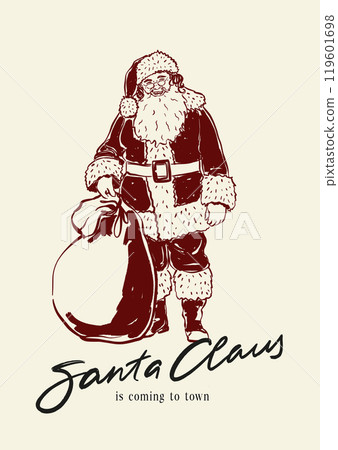 Vector Christmas poster of Santa Claus and bag with gifts. Hand-drawn vintage poster with handwritten short phrase isolated on beige background. Illustration for design, print, fabric or background. 119601698