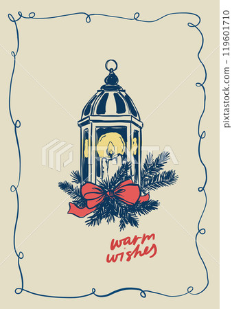 Vector Christmas poster of lantern and spruce branches. Hand-drawn vintage poster with handwritten short phrase isolated on beige background. Illustration for design, print, fabric or background. 119601710