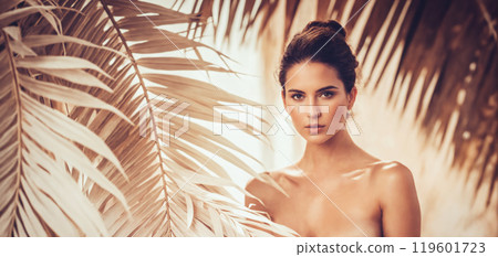 beautiful girl in wihite palm leaves. young sexy body woman 119601723