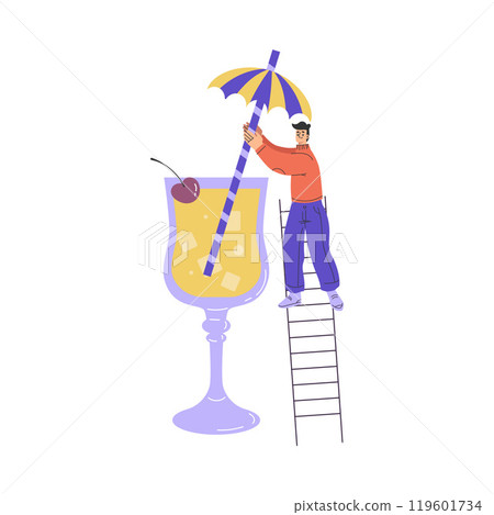 Man Character with Big Cocktail Glass on Ladder Add Straw Vector Illustration 119601734