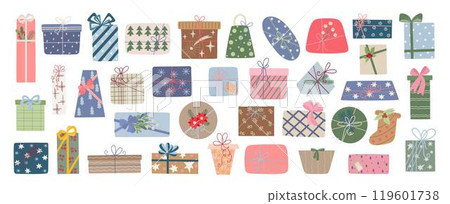 Holiday gift boxes with ribbons and bows set vector illustration, Merry Christmas and Happy New Year festive traditional winter holiday decor, design element for poster, greeting card, sticker 119601738