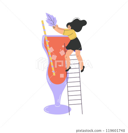Woman Character with Big Cocktail Glass on Ladder Add Mint Vector Illustration 119601748