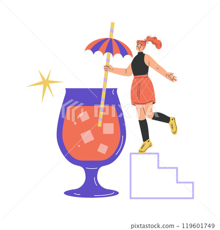 Woman Character with Big Cocktail Glass on Ladder Vector Illustration 119601749