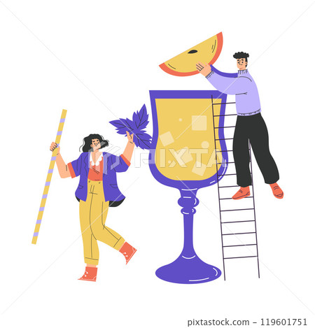 Man and Woman Character with Big Cocktail Glass on Ladder Add Apple Slice Vector Illustration 119601751