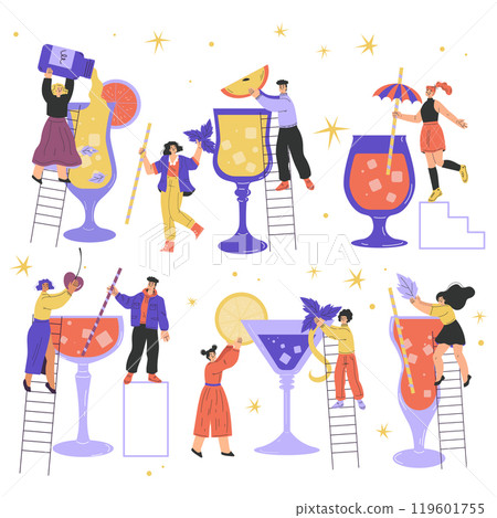 People Character with Big Cocktail Glass with Straw Vector Set 119601755