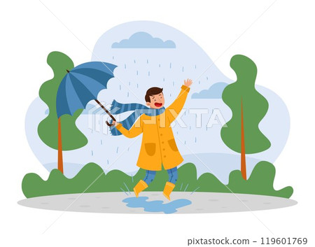 Boy Character with Umbrella Walking Outdoor at Rainy Day Vector Illustration 119601769