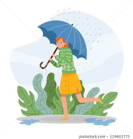 Woman Character with Umbrella Walking Outdoor at Rainy Day Vector Illustration Woman Character with Umbrella Walking Outdoor at Rainy Day Vector Illustration 119601775