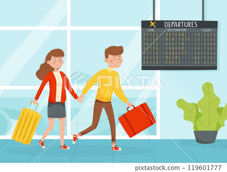 Man and Woman Hurry Late for Their Flight Travel with Suitcase Enjoy Vacation Vector Illustration 119601777