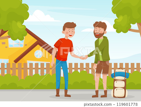 Man Friend Handshake Travel with Backpack Enjoy Vacation Vector Illustration 119601778