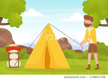 Man Hiking Put Up Tent in Forest Enjoy Vacation Vector Illustration 119601788