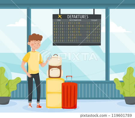 Man Travel with Suitcase Wait for His Flight Enjoy Vacation Vector Illustration Man Travel with Suitcase Wait for His Flight Enjoy Vacation Vector Illustration 119601789
