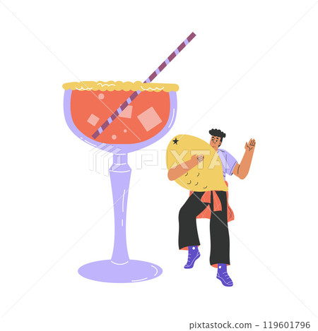 Man Character with Big Cocktail Glass Add Lemon Vector Illustration 119601796