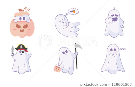 Ghost pattern on purple background with playful expressions, Vector Ghost pattern on purple background with playful expressions, Vector 119601863