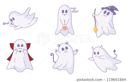 Cute Halloween ghost pattern with various expressions, Vector Cute Halloween ghost pattern with various expressions, Vector 119601864