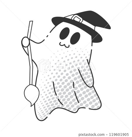 Cute cartoon ghost witch holding broomstick, Vector Cute cartoon ghost witch holding broomstick, Vector 119601905