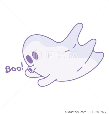 Floating cartoon ghost saying Boo while flying, Vector 119601927