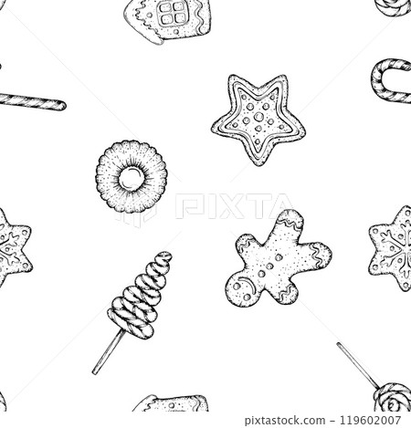 Seamless vector pattern of hand drawn Christmas cookies, lollipops, candy canes. Gingerbread man, stars, holiday house, snowflakes for confectionery packaging, festive designs, wrapping paper, textile 119602007