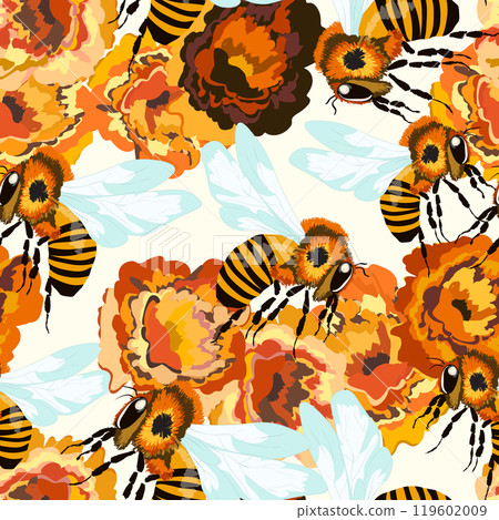 Seamless pattern with bees and flowers on color background. Small wasp. Vector illustration. Adorable cartoon character. Template design for invitation, cards, textile, fabric. Doodle style 119602009