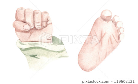 Set of Newborn Baby Fist and Foot Sole. Hand drawn Watercolor illustration on a white background. For Baby shower and Gender Party Cards and Invitations. 119602121