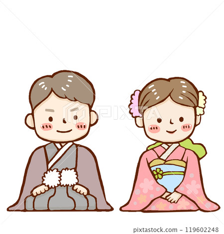 穿著和服的孩子們端正地坐著 119602248
