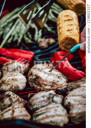 Grilled chicken meat with vegetables on barbecue grill with smoke. Grilled chicken meat with vegetables on barbecue grill with smoke. 119602327