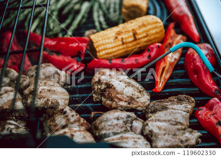 Grilled chicken meat with vegetables on barbecue grill with smoke. Grilled chicken meat with vegetables on barbecue grill with smoke. 119602330