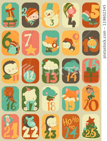 Cute Cartoon Advent Calendar with Funny Animals and Christmas Elements 119602345