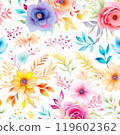 Pastel watercolor flowers with stems and leaves. Watercolor art background. 119602362