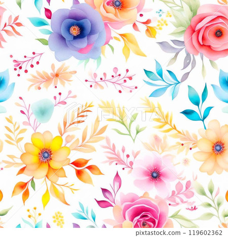 Pastel watercolor flowers with stems and leaves. Watercolor art background. 119602362