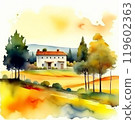 Rural italian landscape. Olive plantation with old olive trees in Italy watercolor illustration 119602363