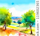 Olive plantation with old olive trees in Italy watercolor illustration. Summer landscape. 119602365