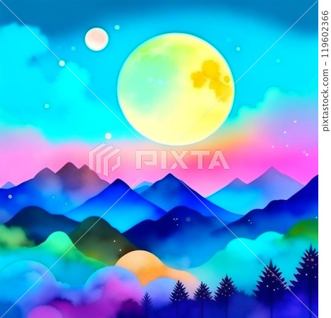 Cloudscape, night blue sky with clouds and yellow moon. 119602366