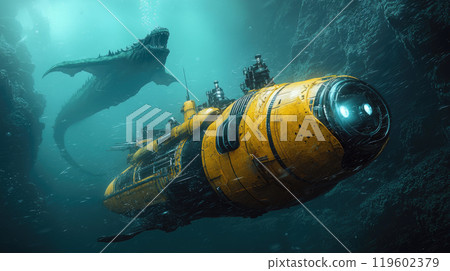 Scary sea monster and research bathyscaphe underwater in deep sea, prehistoric marine predator hunts in ocean. Concept of horror, depth, vehicle, lost 119602379