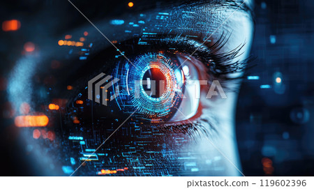 Facial recognition technology, human eye with digital data, face closeup. Concept of identification, person, id, AI, biometric 119602396