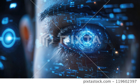 Facial recognition technology, human eye with digital data, face close-up. Concept of identification, person, id, AI, biometric system 119602397