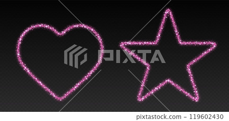 Pink glitter frames, shimmering borders in heart and star shapes, festive holiday sparkles 119602430